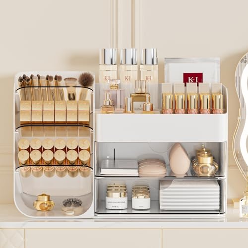Booklov Makeup Organizer for Vanity, Countertop Cosmetic Display Case with Clear Acrylic Drawers, Bathroom Counter Beauty Caddy, Cute Table Storage Holder for Skincare, Brush Lipsticks, Crystal White - color: Crystal White, size: M01