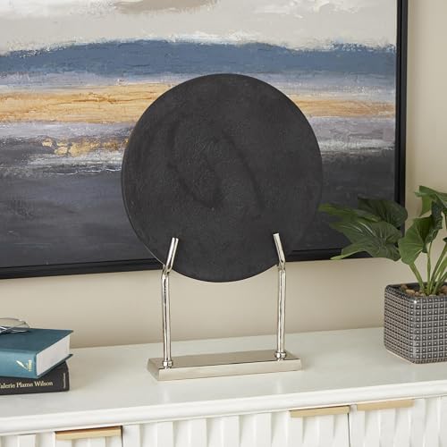 Deco 79 Marble Abstract Decorative Sculpture Textured Disk Home Decor Statue with Silver Stand, Accent Figurine 14" x 3" x 20", Black