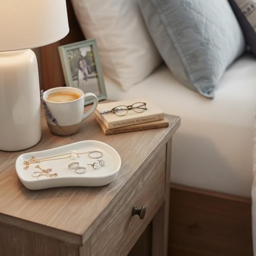 White Ceramic Trinket & Jewelry Tray Dish Set - 2 Pieces Minimalist Organizer for Earrings, Rings, Necklaces - Elegant Irregular Home Decor Accent