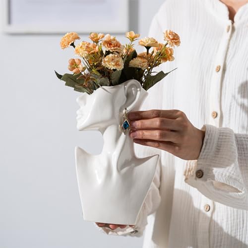 Face Vases -White,H 9.2 Inch,with Earrings Art Ceramic vase,for Flowers Ceramics Statue Flower Vase,Female Modern Cool Vases,for Office Dining Table Home Ornaments - color: White