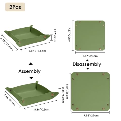2 Pack (Size:9.84"&7.87") PU Leather Jewelry Valet Tray,Portable Entryway Table Nightstand Desk Tray Catchall Travel Plate Organizer for Phone, Keys, Wallet, Watch,Coin (Avocado Green) - color: Avocado Green