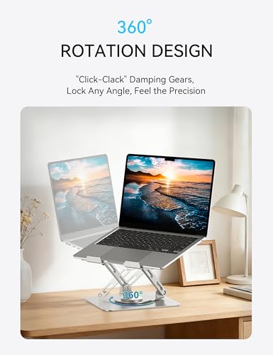 SOUNDANCE 360 Rotating Laptop Stand, Ergonomic Computer Riser for Desk, Adjustable Height Multi-Angle Metal Holder, Foldable Portable Notebook Elevating Base for Office & Home, Silver Grey - color: Silver Grey