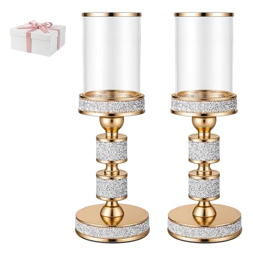 13.5" Tall Pillar Candle Holder with Glass Wind Proof, Metal Hurricane Holders, Gold Crystal Candle Stand for Table Centerpieces, Wedding, Dining Table (M, 2PCS, for Pillar Candles up to 3"x5") - color: Gold, size: Medium