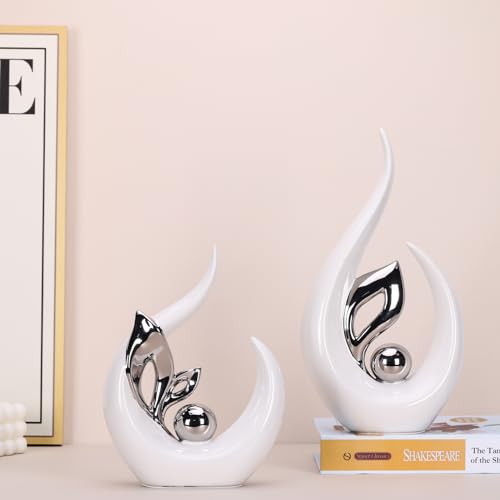 13" H White Silver Abstract Sculptures Home Decor, Ceramic Art Statue Cool Stuff to Put on Shelves&tv Stand Decor, Silver Accent Entertainment Center, for Fireplace Coffee Table Dining Table Decorate - color: White Silver, size: 13.0in/H