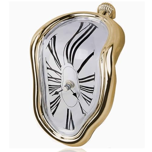 Melting Shelf Clock Art Decor - Salvador Dali Surreal Dripping, 8x4 in Bright Gold Polished Shelf & Desk Gift - color: Gold