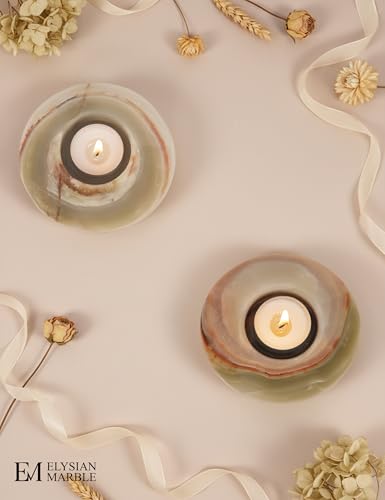 Tealight Candle Holders Set of 2 – Handcrafted Natural Marble Tea Light & Votive Holders, Decorative Stone Candle Holder Pair for Home Décor, Dining Table, Coffee Table & Wedding Decor - color: Green, size: 4" Inches