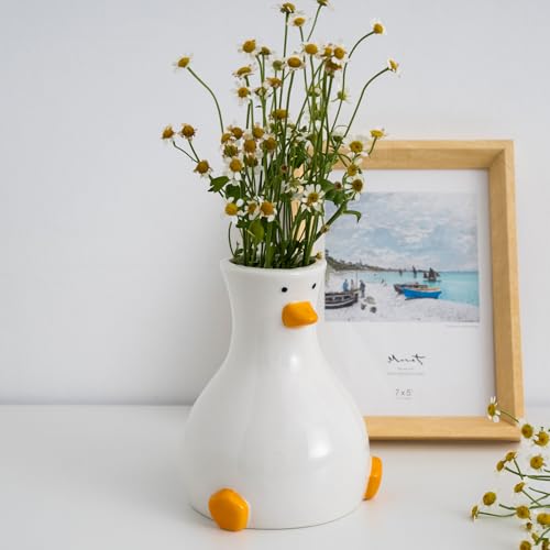 MOUGIGI Handcrafted Ceramic Duck Vase - White Modern Flower Vase with Unique Duck Design - Round Aesthetic Table Decor - Funky and Trendy Art Vase - color: Duck-vase