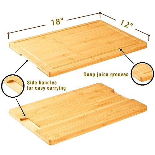 Bamboo Cutting Board for Kitchen, 18" Large Wood Charcuterie Cheese Board, Wooden Chopping Block with Side Handles and Juice Grooves - size: 18"L x 12"W