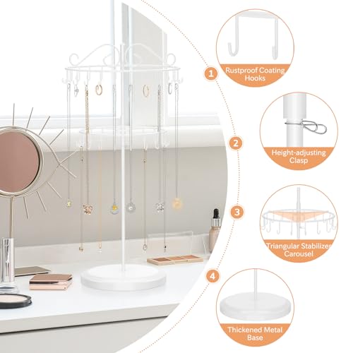 iDavosic.ly 2 Tier Rotating Necklace Holder Organizer with 42 Hooks, Adjustable Metal Bracelet Display Stand Rack, Extra Tall Keychain Spinning Tree Tower for Women, White - color: White