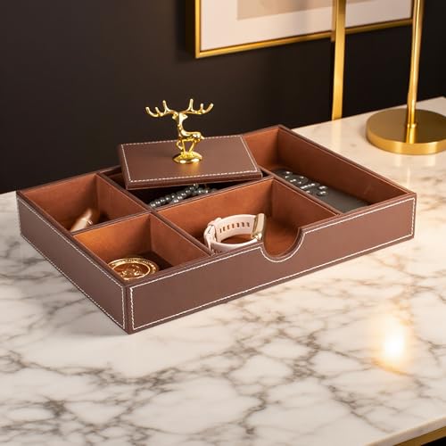 Jewelry Trays Nightstand Organizer, Valet Tray for Men and Women, Tray Organizer,Can hold Mobile phones, watches, cosmetics, keys. Dark Brown Faux Leather, 5 CompartmentCompartment - color: brown