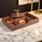 Jewelry Trays Nightstand Organizer, Valet Tray for Men and Women, Tray Organizer,Can hold Mobile phones, watches, cosmetics, keys. Dark Brown Faux Leather, 5 CompartmentCompartment - color: brown