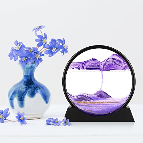 Herecanli Moving Sand Art Picture - 3D Quicksand Painting Decor - Round Glass 3D Deep Sea Sandscape - Relaxing Decoration for Home,Office,Desk,Mantle,Bookshelf,Room- (Purple, 7 in) - color: Purple, size: 7"