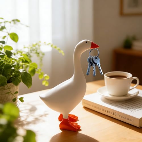 Desk Mini Goose Key Holder 7 Inch, Resin Magnetic Goose Statue with 15 Accessories, Cute Desktop Figurine Keychain Hanger, Home Office Table Bedroom Decor, Funny Housewarming Gift