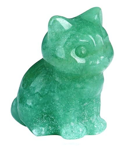 QINJIEJIE Green Aventurine Crystal Cat Figurines Healing Crystals Stone Statue Hand Carved Gemstone Sculpture Home Office Decoration Sitting Cat Gifts for Women Men - color: P-green Aventurine, size: 1.5 inches