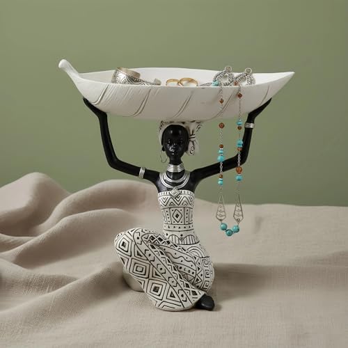 Lescafita African Woman Holding White Leaf Bowl Statue, Modern Resin Figurine Sculpture, Boho Home Table Decoration for Living Room or Entryway - color: 313-white
