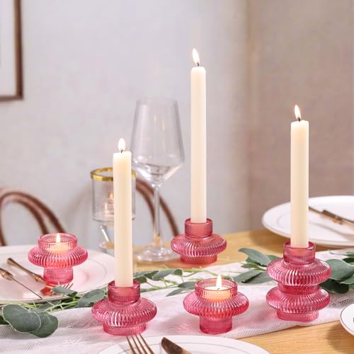 Pink Candlestick Holders Set of 10, Pink Glass Candle Holders for Pillar Candles, Taper Candle and Tealight Candles, Taper Candle Holders for Wedding, Table Centerpiece - color: Pink