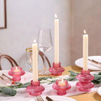 Pink Candlestick Holders Set of 10, Pink Glass Candle Holders for Pillar Candles, Taper Candle and Tealight Candles, Taper Candle Holders for Wedding, Table Centerpiece - color: Pink