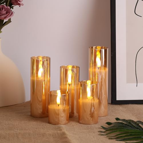 Eywamage 5 Pack Gold Glass Flameless Candles with Remote, Flickering Slim Tall LED Pillar Votive Candles Battery Included - color: Gold