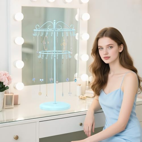 iDavosic.ly 2 Tier Rotating Necklace Holder Organizer with 42 Hooks, Adjustable Metal Bracelet Display Stand Rack, Extra Tall Keychain Spinning Tree Tower for Women, Blue - color: Light Blue