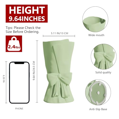 Relexome Green Ceramic Bow Vase 9.64 in Unique Cute Modern Decorative Bouquet Flower Vases for Home Living Room Table Decor Women Girl Gifts - color: Matte Green