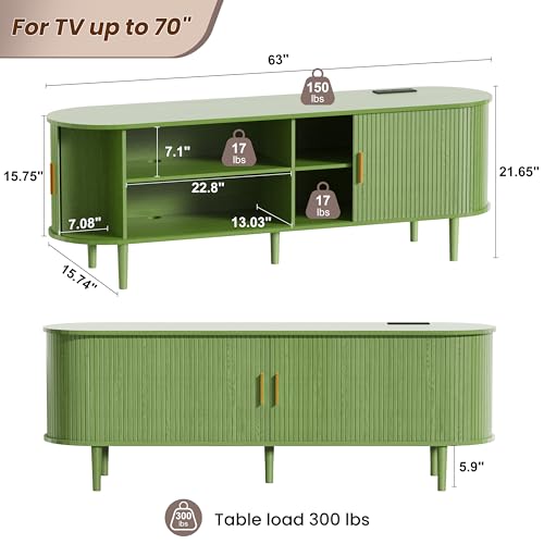 DHH 63 Inch Mid Century Modern TV Stand with Power Outlet for TVs up to 70 Inch, Entertainment Center with Storage and Adjustable Shelves, Media Console with Sliding Doors for Living Room(Green) - color: Green, size: 63 Inch
