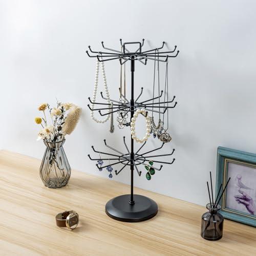 MyGift 3 Tier Classic Large Black Metal Jewelry Tree Holder Organizer with 360 Degree Rotating Arms, Spinning Necklace and Bracelet Tower Display Stand with 36 Hooks and Top Card Holder For storage - color: Black (3 Tier)