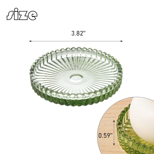2 Pack Glass Pillar Candle Holders 4 Inch Ribbed Edge Design Decorative Candle Plate with Serrated Edges Clear Green Display Stand for Wedding Home Decor Table Centerpieces - color: Green