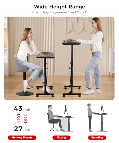 Standing Desk Adjustable Height, Mobile Stand Up Desks with Wheels Small Computer Desk Rolling Desk, Portable Laptop Desk Black Standing Table Sit Stand Home Office Desks 16"x31.5" Height 27"-43.5" - color: Black