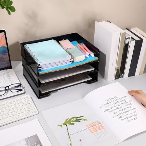 DoubleFill 4 Pcs Stackable Letter Tray Rectangular Plastic Desk Organizer 13 x 9.5 x 2.6 in Paper Holder File Tray Accessories Rack for Desktop Office Desk Drawers (Black) - color: Black