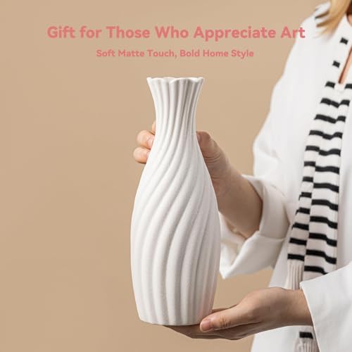 White Ceramic Vase with Swirl Texture - 10" Unique Flower Vase for Pampas Grass & Centerpieces, Decorative Boho/Farmhouse Vase for Living Room, Office Desk & Housewarming Gift (for Her/Yourself) - color: Swirl Texture