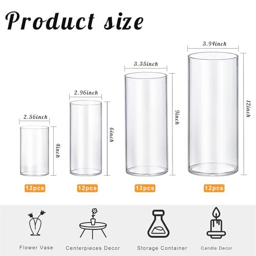 48 Pack Thick Glass Cylinder Vases 4,6,9,12 Inch Tall Clear Flower Vase Hurricane Floating Candle Holder for Table Centerpiece Wedding Home Decor - size: 48 Pack(4,6,9,12 Inch)