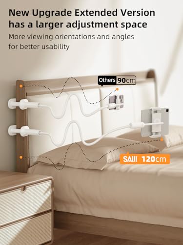 SAIJI Gooseneck Tablet Holder for Bed, One-Hand Adjustable, 47" Length, Upgraded Base, iPad Holder Stand Flexible Lazy Arm, Compatible with iPad/iPhone/Kindle/Switch or Other 4.7-13" Device (White) - color: Light White