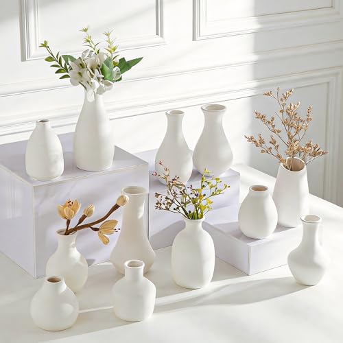 White Bud Vases Set of 12, Small Ceramic Vase in Bulk, Mini Pottery Vases for Pampas Grass Clay Vase for Wedding Table Centerpieces Decoration Modern Boho Rustic Home Decor DIY Gift - color: A-white Bud Vases-12pcs