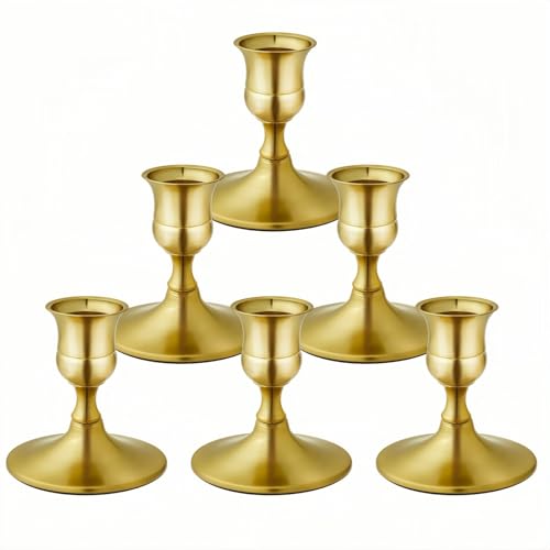 Vintage Brass Gold Taper Candle Holders, Set of 6, Metal Taper Candlestick Holder for Dinner Room Table Centerpiece, Wedding Reception, Festive,Mantel Decoration, Home Decor (Brass Gold, Set of 6) - color: Brass Gold, size: Set of 6