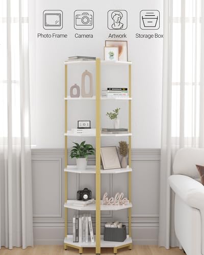 Hzuaneri Corner Shelf Stand, Corner Bookshelf, Storage Standing Shelf Unit with Metal Frame, Plant Stand, Bookcase for Living Room, Home Office, Bedroom, 6-Tier White Gold CS06003A - color: White Gold, size: 6 Tier