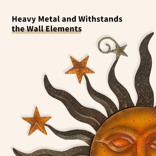 LIFFY 24" Sun Face Metal Wall Art for Outdoor Decor - Solar Themed Hanging Sculpture, Weather-Resistant Garden Patio Wall Décor, Farmhouse Home Accent Gift (Antique Bronze Finish) - color: Sun Face