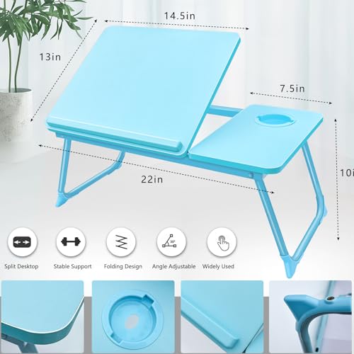 Laptop Desk for Bed Couch,Lap Desk for Laptop,Portable Laptop Stand for Desk,Small Adjustable Laptop Desk,Foldable Bed Table for Laptops and Writing, Bed Tray Table with Cup Holder(Blue) - color: Blue