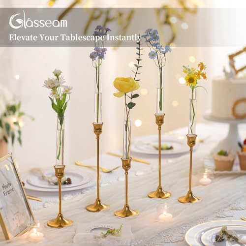 Glasseam Glass Bud Vase for Flowers: 6pcs Clear Small Vases for 22mm Candlestick Taper Candle Holders - 5.9" Skinny Table Centerpieces with Silicon Case for Tablescapes, Wedding Gift and Home Decor