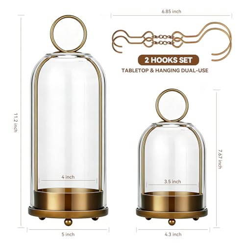 Brass Glass Candle Holders Set of 2 (5"x11" & 4.5"x7.6"), Metal Candle Holder with Glass Dome, Hanging or Tabletop Lantern Decor for Home, Centerpiece