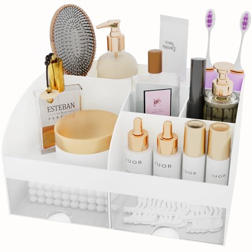 Makeup Organizer with Drawers, Cosmetic Storage for Dresser Vanity and Bathroom Countertop, Beauty Holder for Lipstick Brush, Skincare Organizer for Vanity, Cosmetic Display Case (White) - color: White