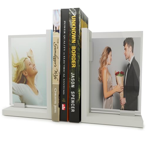 Heavy-Duty Bookends - Set of 2 Decorative Non-Slip Modern Design Book Holder, Crafted Out of Heavy Duty Materials with an Acrylic Picture Display by shoppingaisles® (White) - color: White