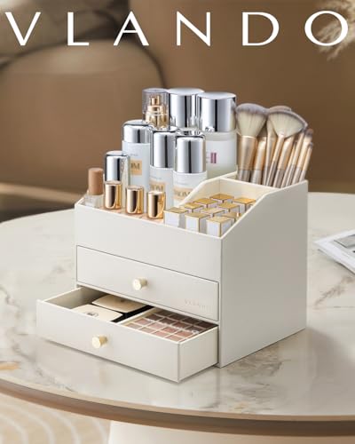 VLANDO Makeup Organizer for Vanity,Large Capacity Countertop Organizer with Drawers, PU Leather Cosmetic Display Case for Lipstick,Brushes,Skincare,Bedroom Storage (Beige) - color: 3 layers-Beige