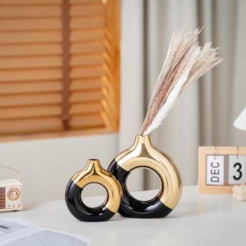 White and Gold Donut Vase, Modern Ceramic Vase for Pampas Grass, Perfect Centerpiece for Weddings, Living Room, and Office Decor (Black Gold, Set(S+L)) - color: Black Gold, size: SET(S+L)