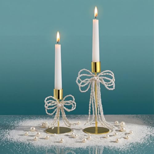 Yungyan Gold & Pearl Bow Candle Holders Set of 2 Metal Taper Candle Stands Vintage Modern Decorative Candlesticks Holders for Dining Table, Wedding, Fireplace, Holiday & Christmas Decor