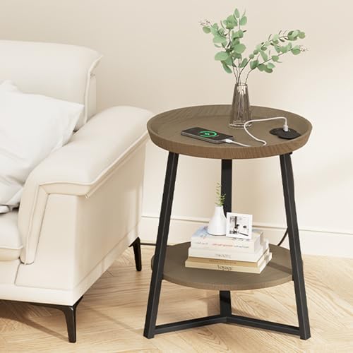 Gadroad Round End Table with Charging Station, USB Ports, Wood Tabletop & Black Metal Frame, 2-Tier Side Table for Living Room, Bedroom, Walnut Color 15.7 * 15.7 * 23.0inches - color: Walnut, style: with Charging Station