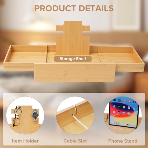 High Capacity Bedside Shelf, Bunk Bed Side Table, Loft Nightstand Organizer Tray, Loft Bed Shelf with Scalable Tray for Dorm Room, Clip On Nightstand with Cord Holder - Natural Bamboo