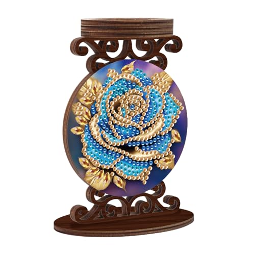 Diamond Art Painting Candlestick Holder kits, Blue Rose DIY shaped crystal Diamond art painting, woodiness Candle holder for AromaRelax & Home Decor, Christmas Halloween Ornaments (Double-Sided) - color: Blue Rose