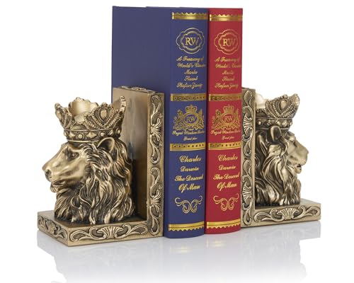 Lion Head Bookends with Antique Design, Solid Resin for Heavy Duty Book Support, Non-Slip Pads for Stability, Gift for Lion Enthusiasts Collectors - color: Antique Gold