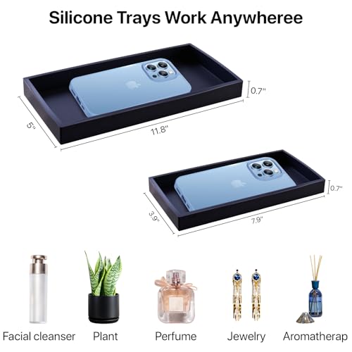 Bathroom Vanity Tray, 8 x 4 Inch Silicone Dresser Jewelry Ring Dish Tank Storage Kitchen Sink Countertop Tray Holder for Perfume Soap Towel Bathroom Trays, Mini, Black - color: Black, size: 7.9" x 3.9" x 0.7"