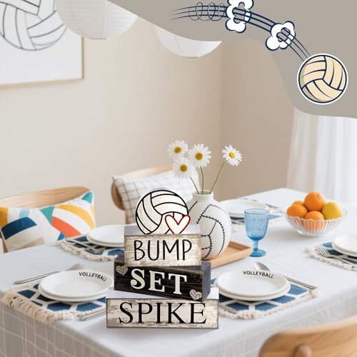 Yuntau 4 Pcs Volleyball Centerpieces for Table Volleyballs Tiered Tray Decorations Wooden Bump Set Spike Farmhouse Decorative Faux Book Stack Block Sign for Room Shelf Coffee Table Fireplace Mantel - style: Volleyballs